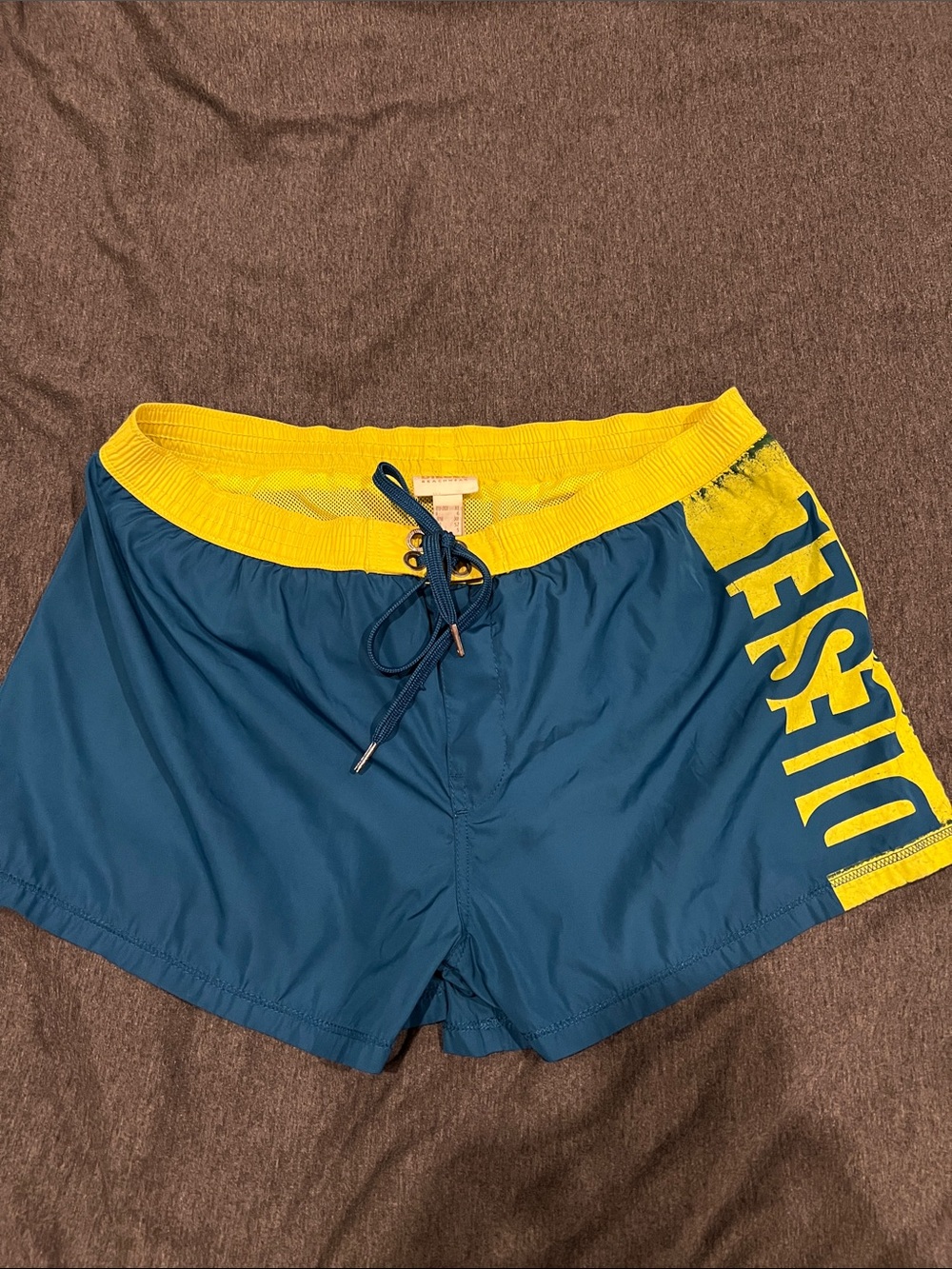 Diesel Vintage Teal Swim Trunks with Yellow Waistband
